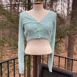 NWT Showpo. light blue fluffy half sweater with pearl-like buttons sz. 6